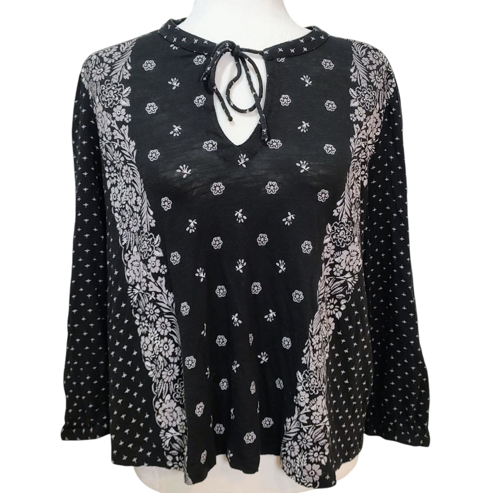 Lucky Brand Boho Black‎ & White Tie Front Keyhole Breezy Flowy Loose Fit Blouse